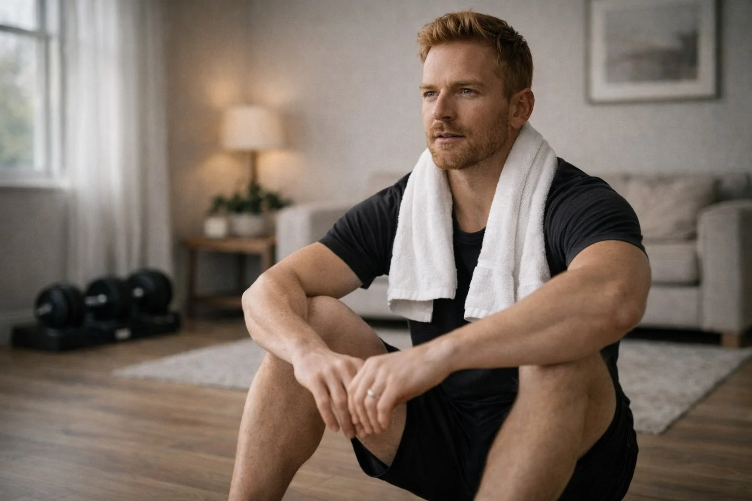 Man zit op de vloer na thuis krachttraining met handdoek om nek in rustige woonkamer