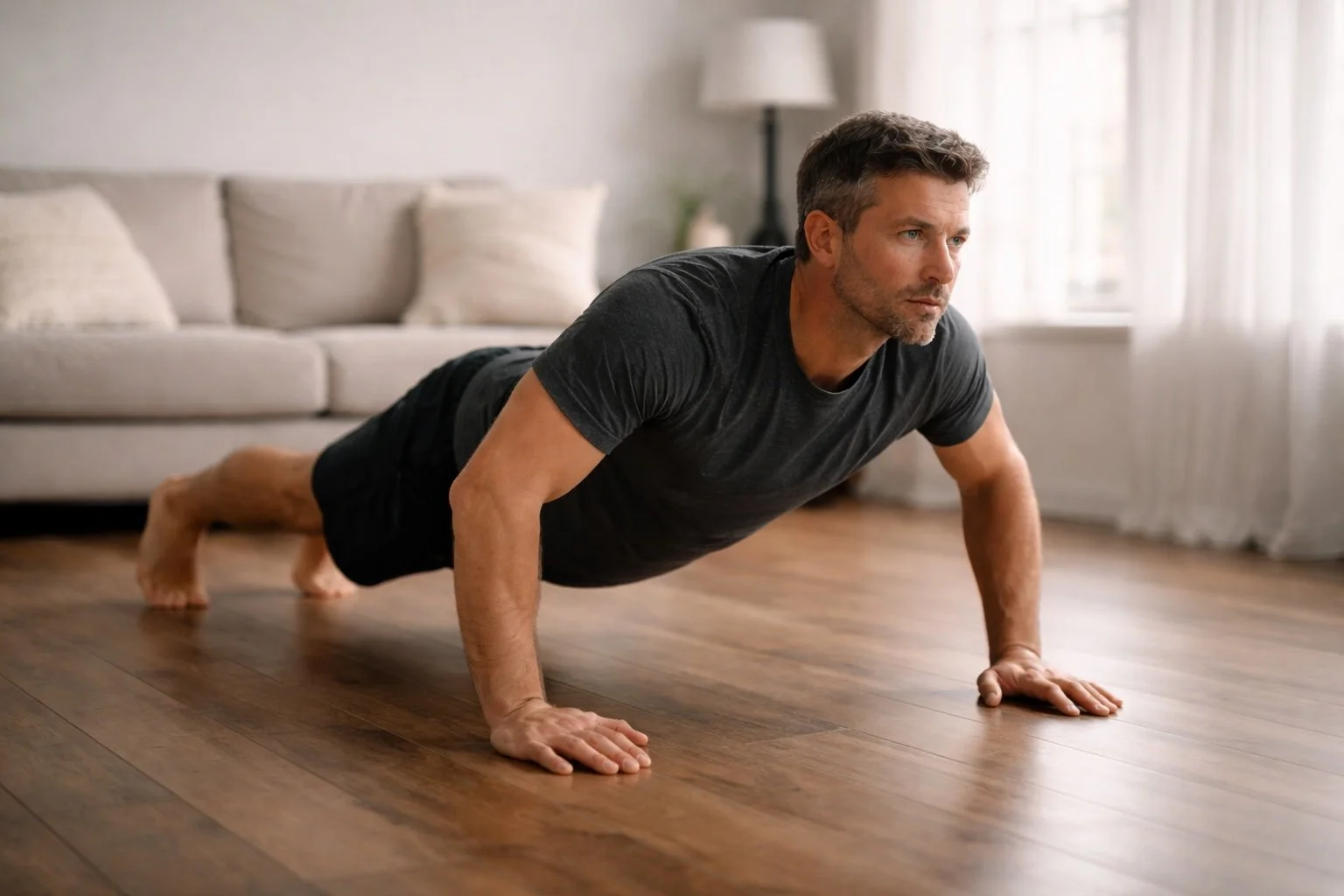 Push-ups shot op houten vloer, natuurlijk licht.