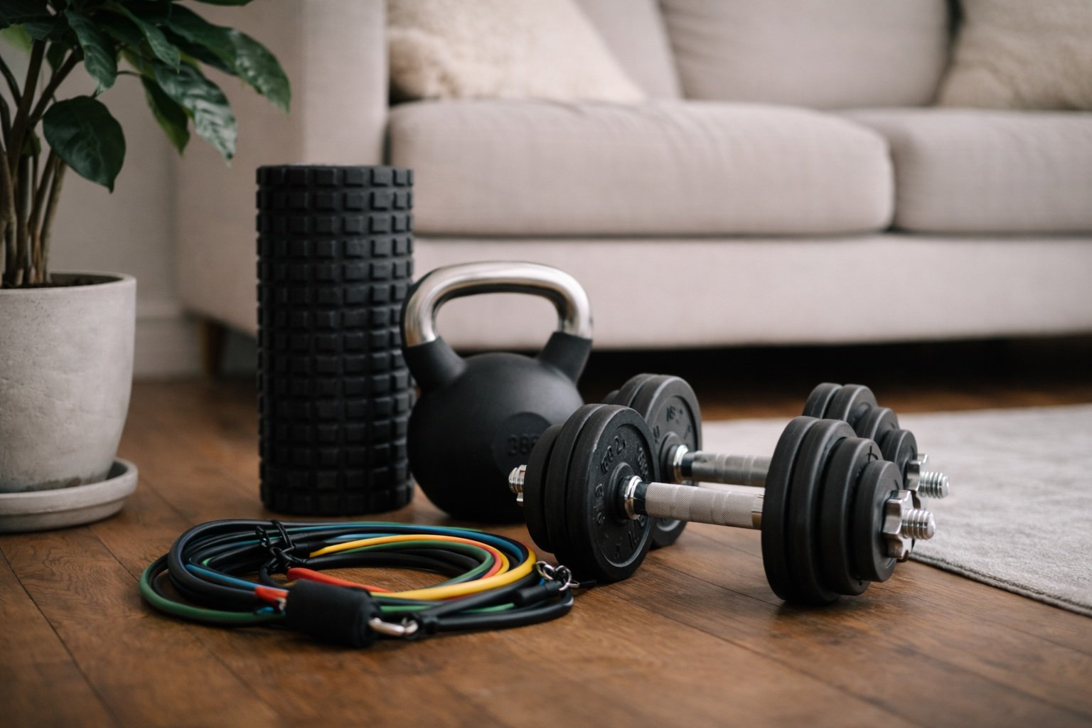Fitness gear thuis setup met resistance bands, kettlebell en foamroller in rustige woonkamer