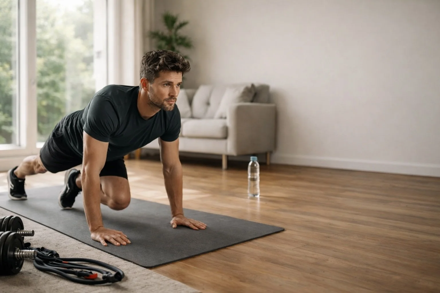 Man doet een plank oefening op een mat in een woonkamer, met water en gewichten in de buurt.