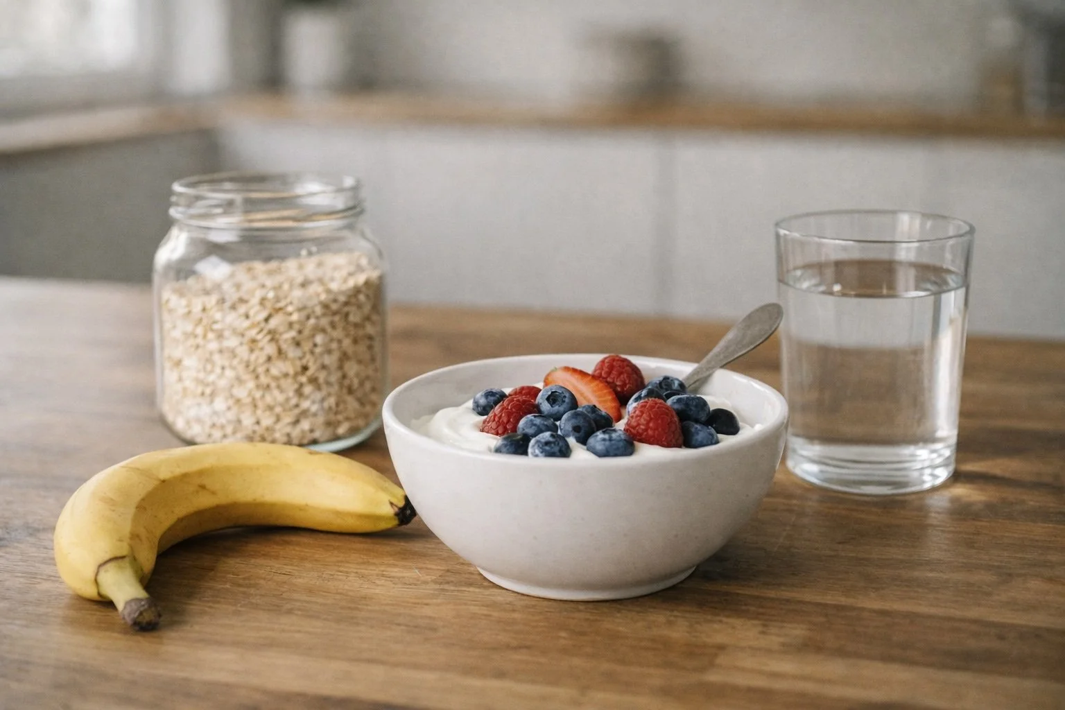 Eiwitrijke post-workout maaltijd met yoghurt, fruit en havermout