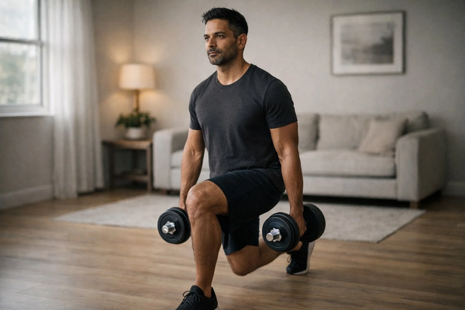 Man doet lunges met dumbbells tijdens thuis workout in rustige woonkamer