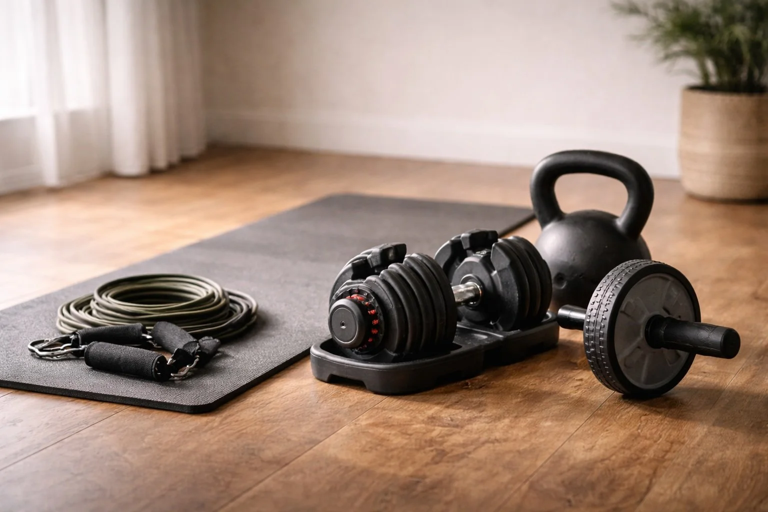 Dumbbells, kettlebell en weerstandsbanden in minimalistische thuissituatie.