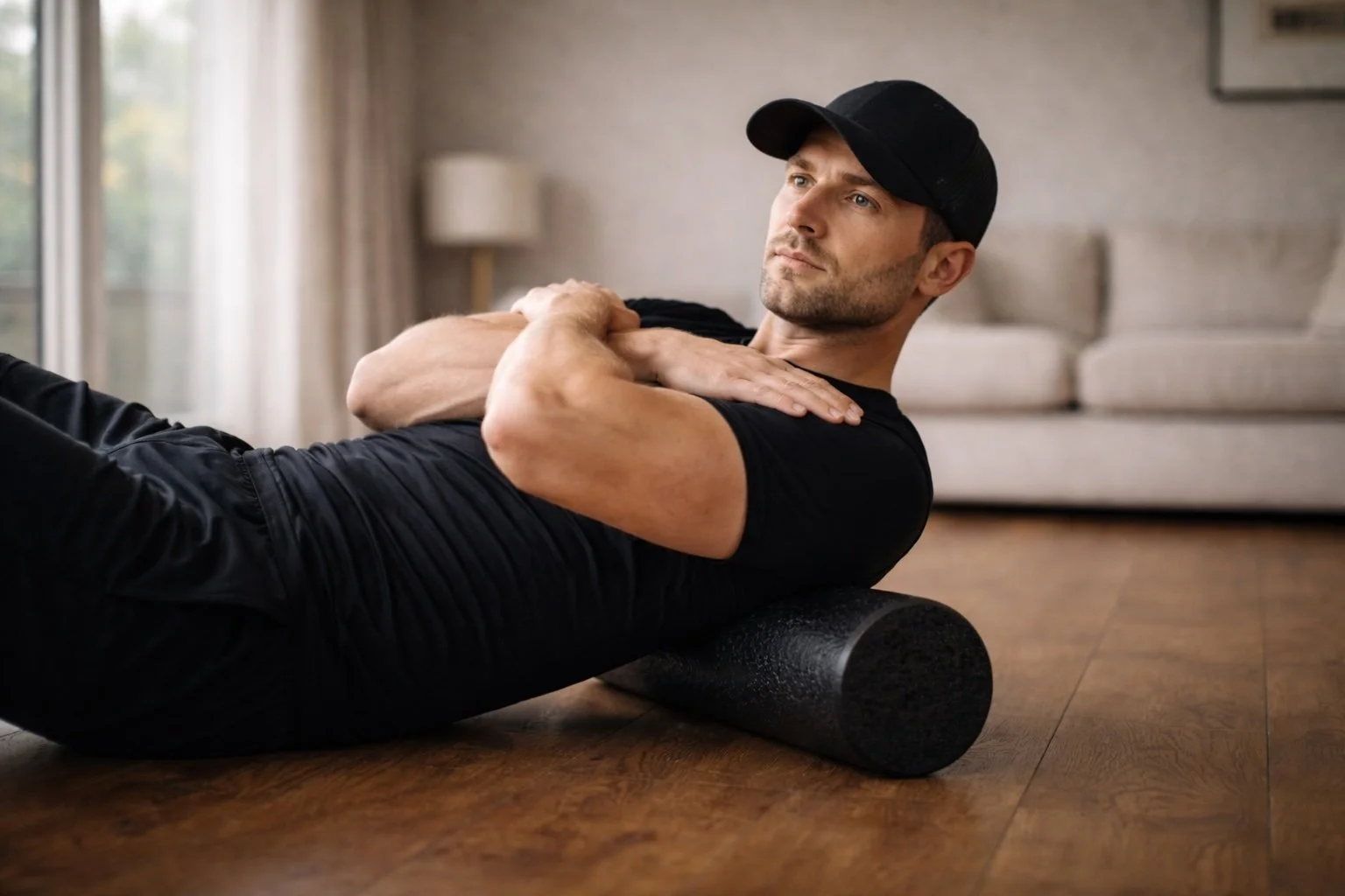 Man rolt bovenrug met foam roller in woonkamer