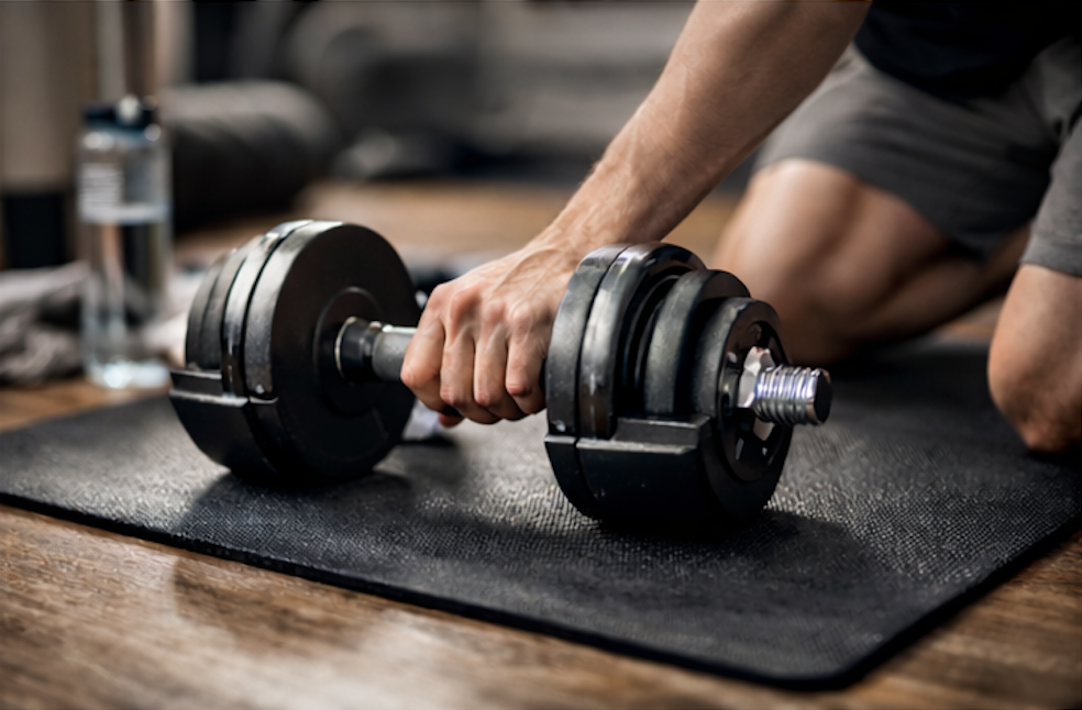 Close-up van verstelbare dumbbells tijdens een thuis workout. Compacte fitness essentials om kracht op te bouwen.