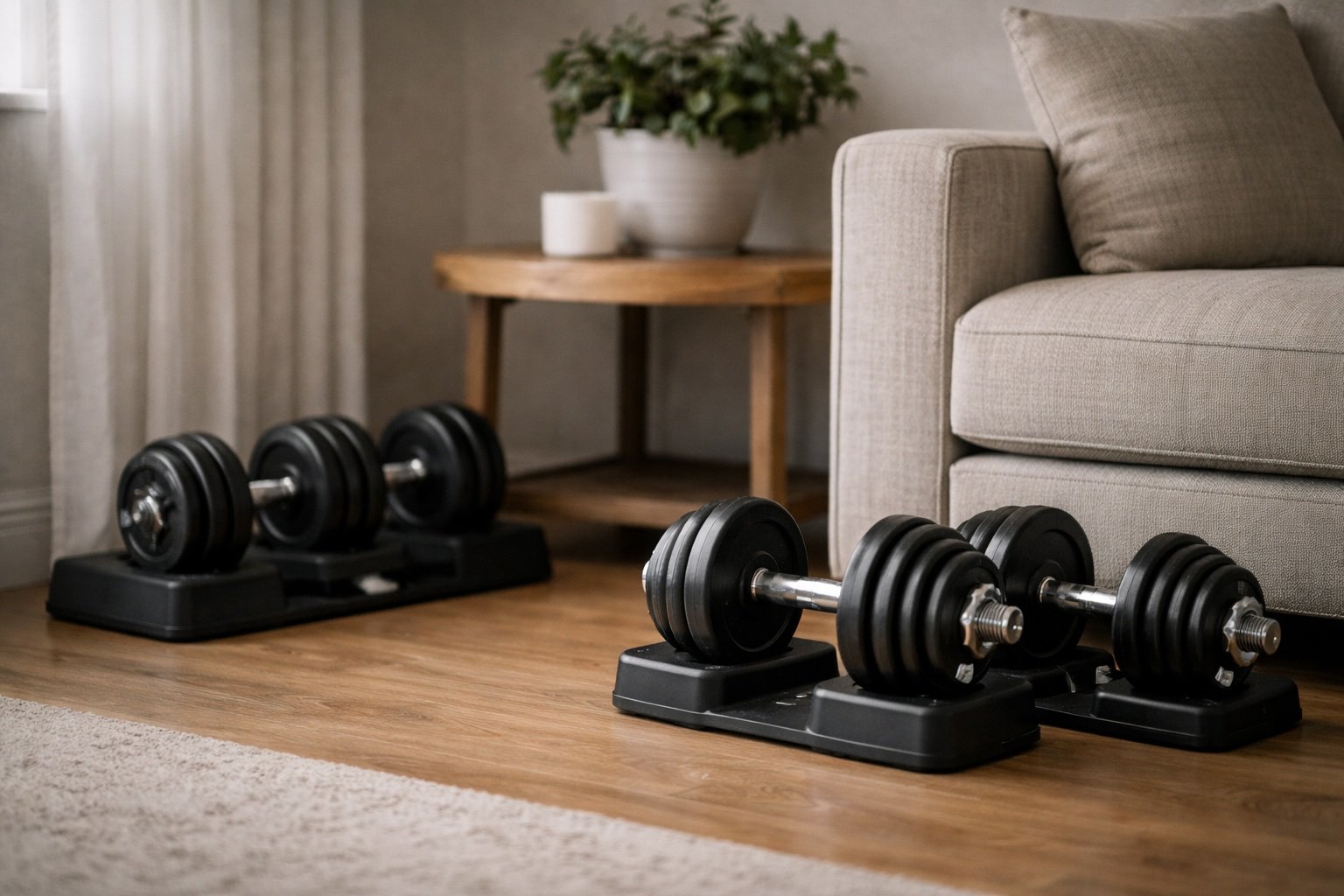 Vaste en verstelbare dumbbells naast bank en plant in rustige thuis setting