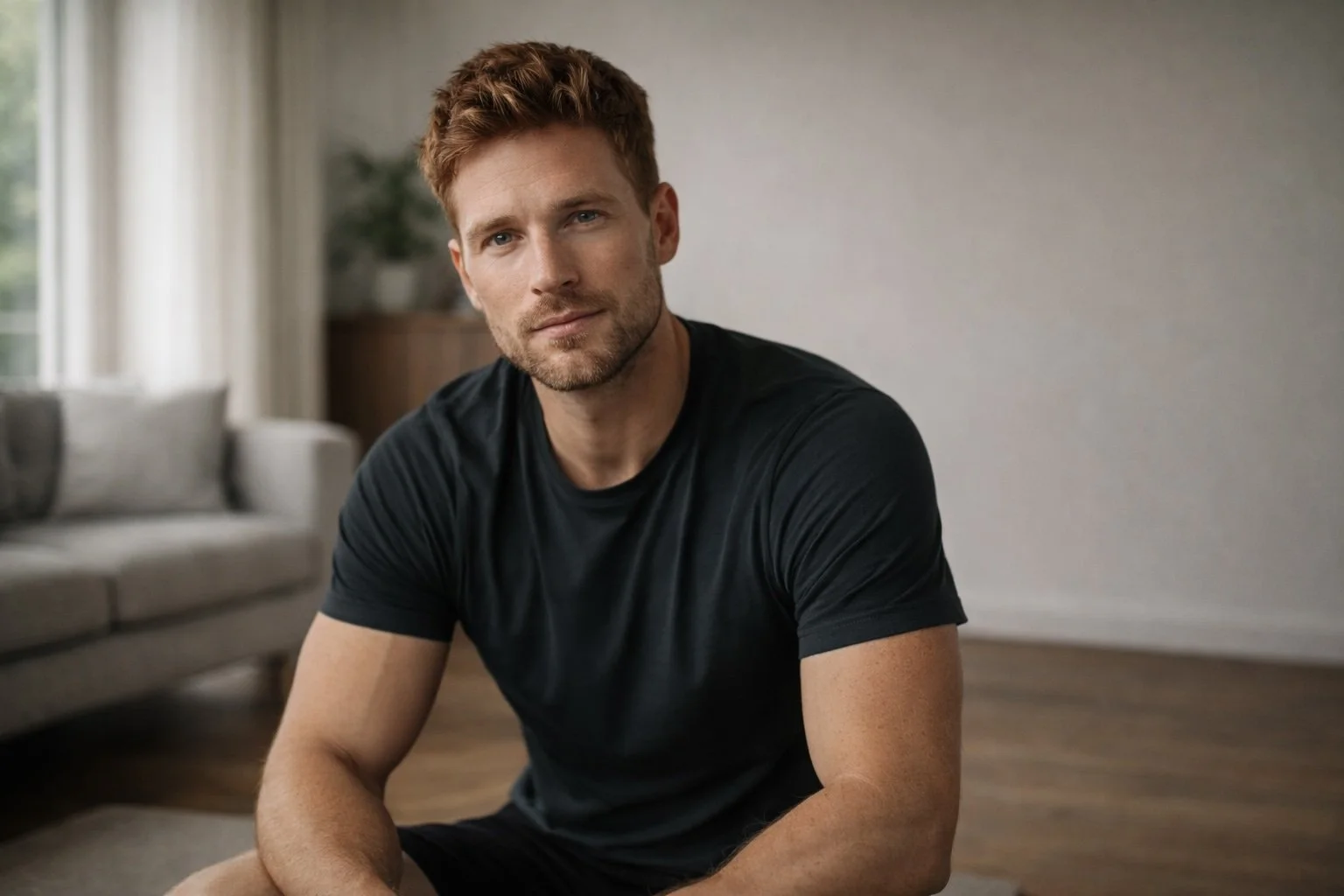 Een man met rood haar en een lichte baard zit in een woonkamer, gekleed in een zwart t-shirt, met een neutrale uitdrukking, terwijl hij naar de camera kijkt.