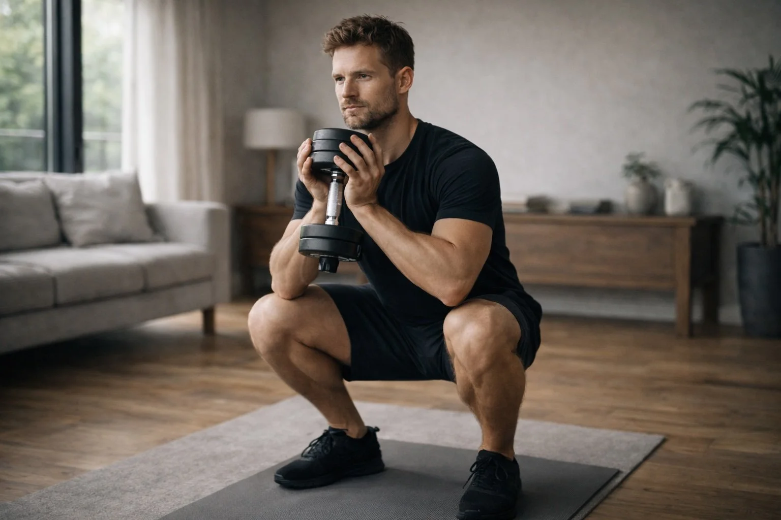 Man voert goblet squat uit met dumbbell in woonkamer