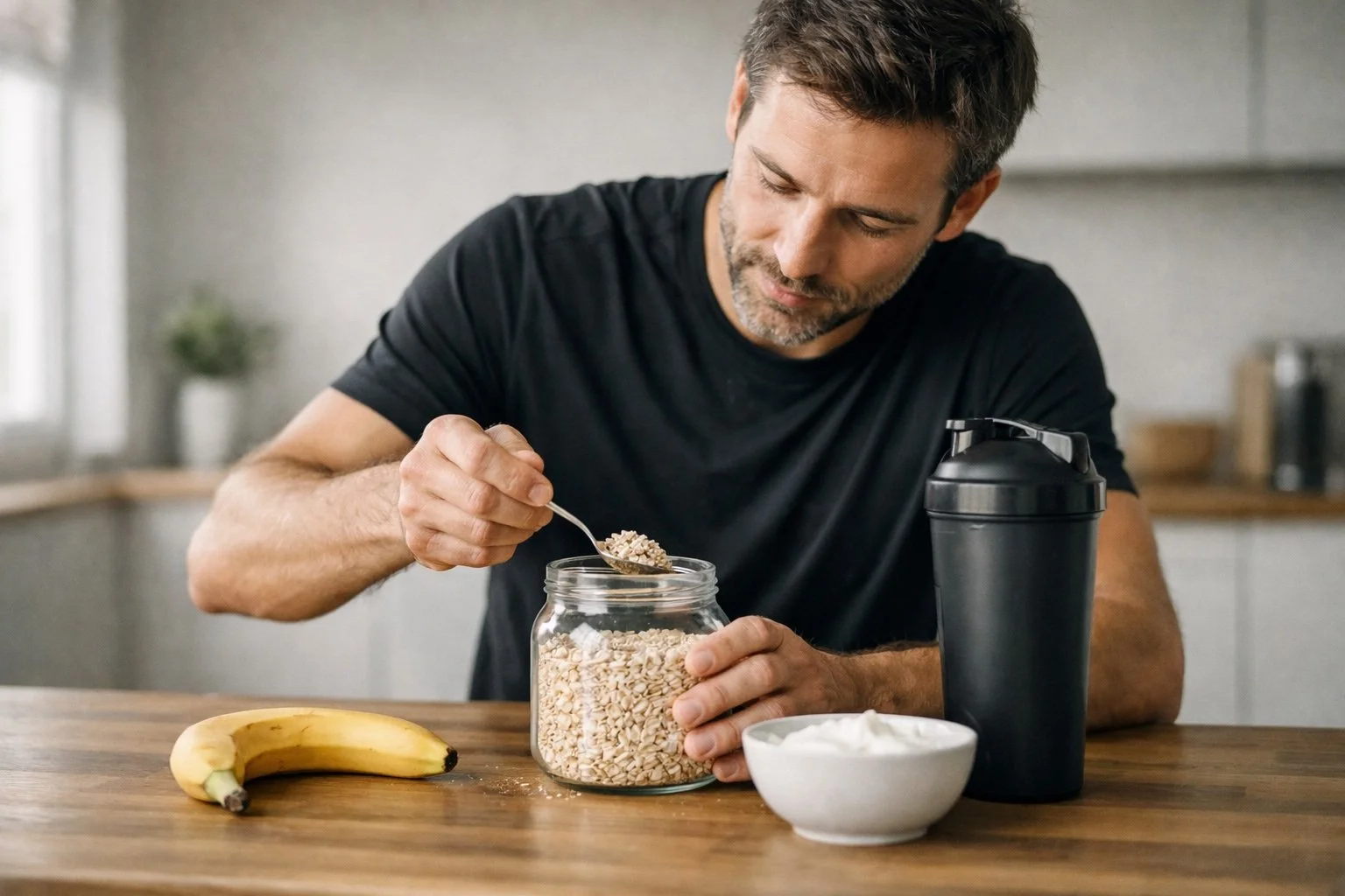 Man bereidt post-workout maaltijd met eiwitten en koolhydraten in keuken