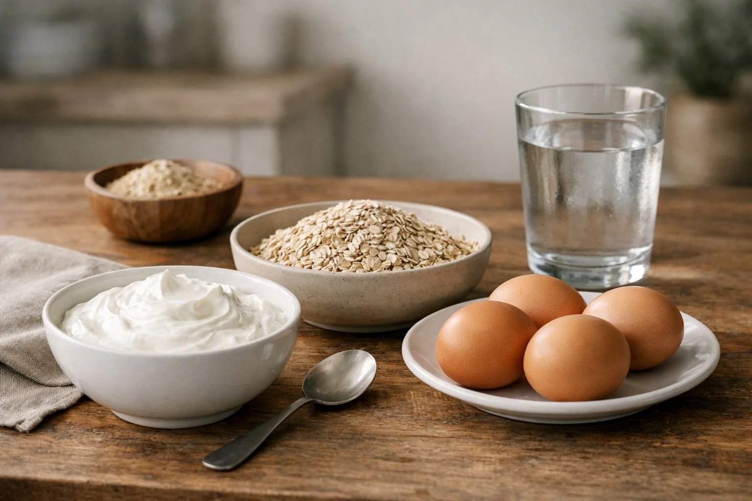 Eiwitrijke maaltijd op houten tafel in minimalistische keuken.