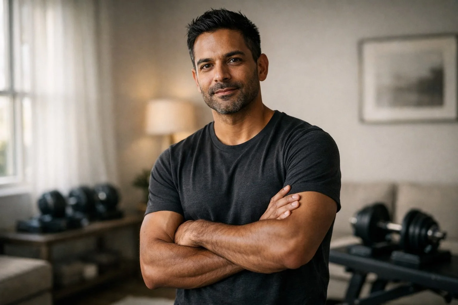 Man traint thuis in minimalistische woonkamer met vaste en verstelbare dumbbells op de achtergrond