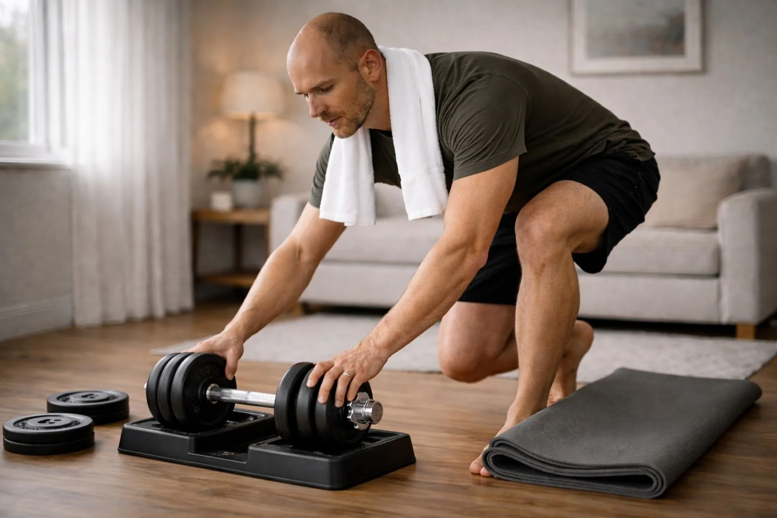 Man ruimt dumbbells op na korte thuis workout in minimalistische woonkamer