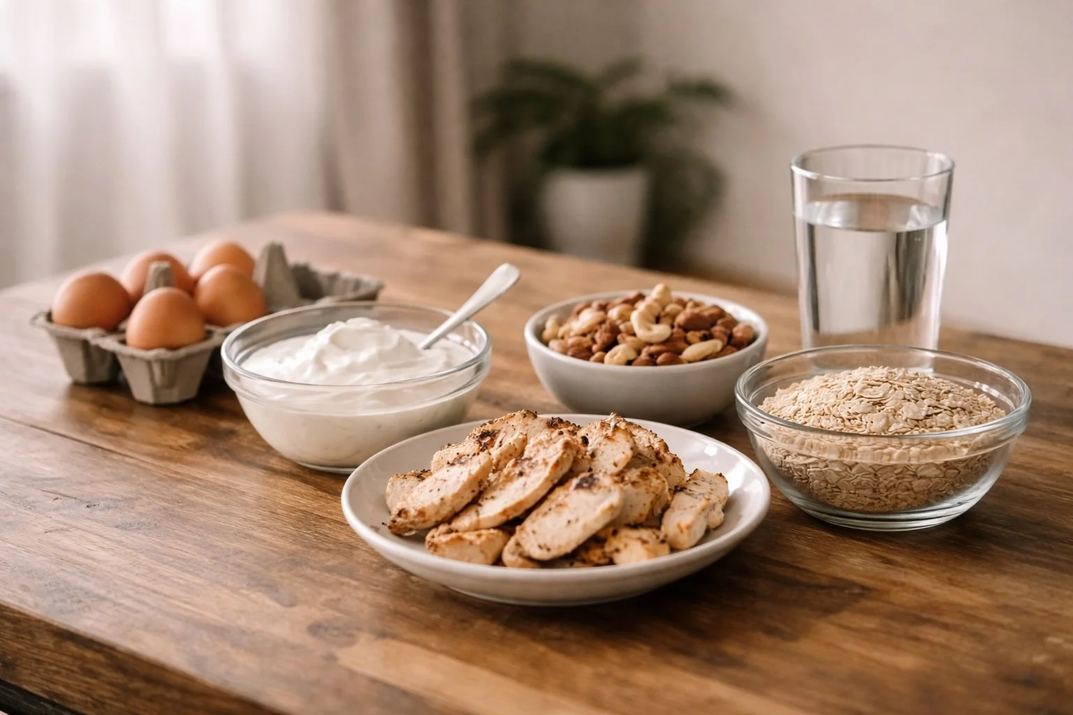 Alt-tekst:Overzicht van eiwitrijke voedingsmiddelen op tafel