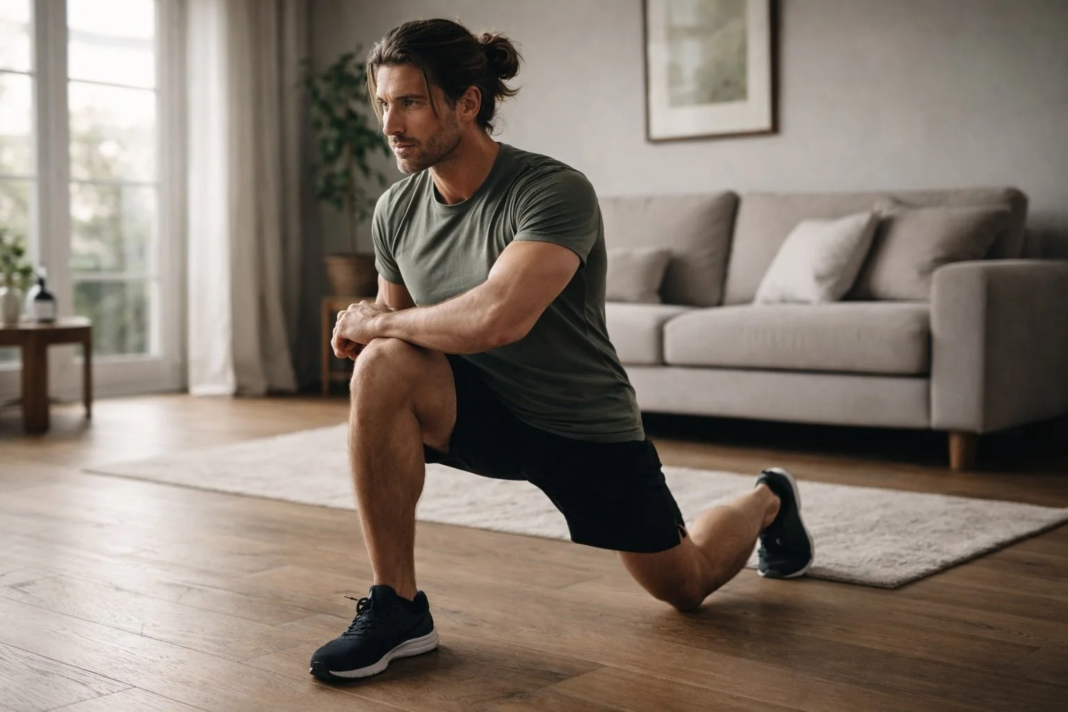 Man voert lunges uit tijdens 20 minuten thuis workout