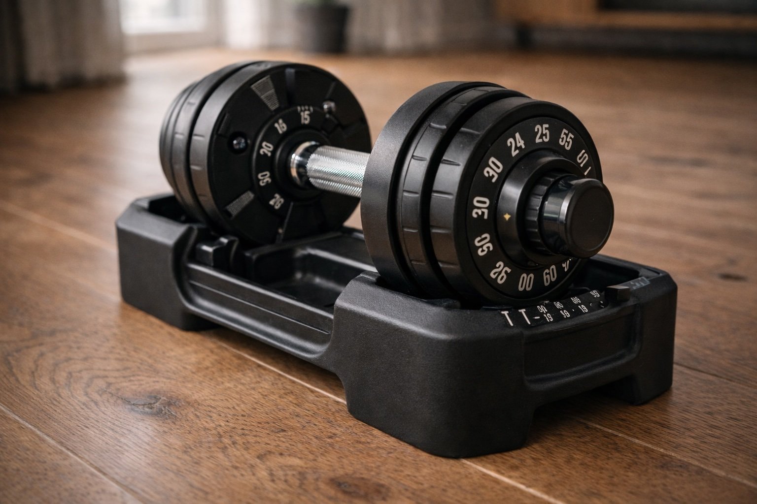 Detailopname van verstelbare dumbbells met zichtbaar draaisysteem en griptextuur.