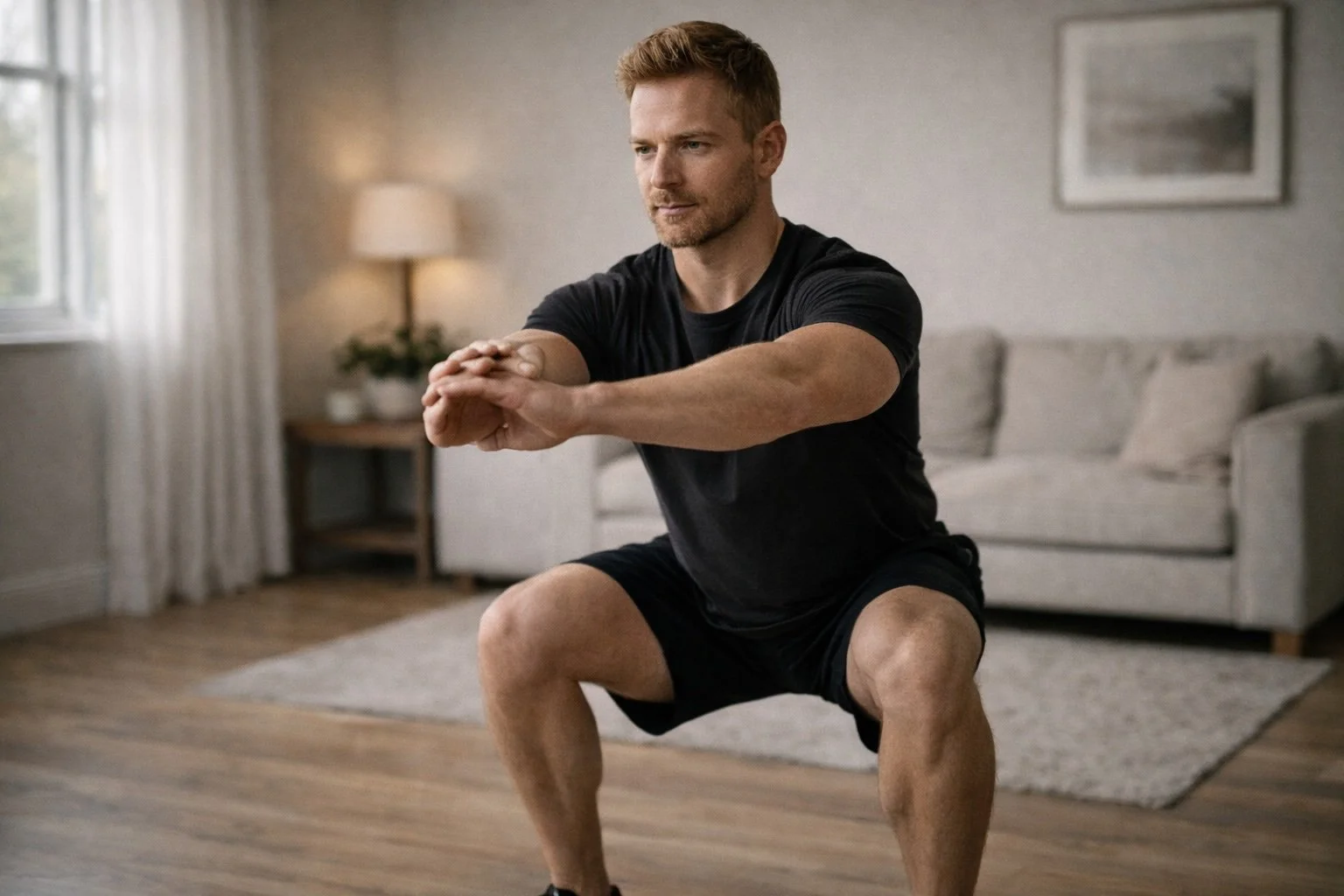 Man doet bodyweight squats tijdens rustige thuis krachttraining