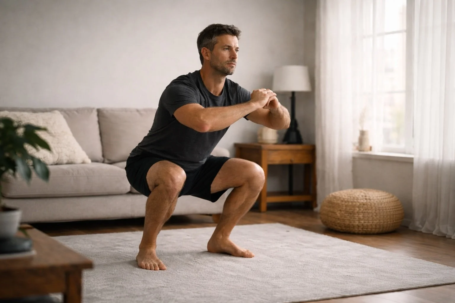 Man doet squats in rustige woonkamer / editorial fitness vibe.