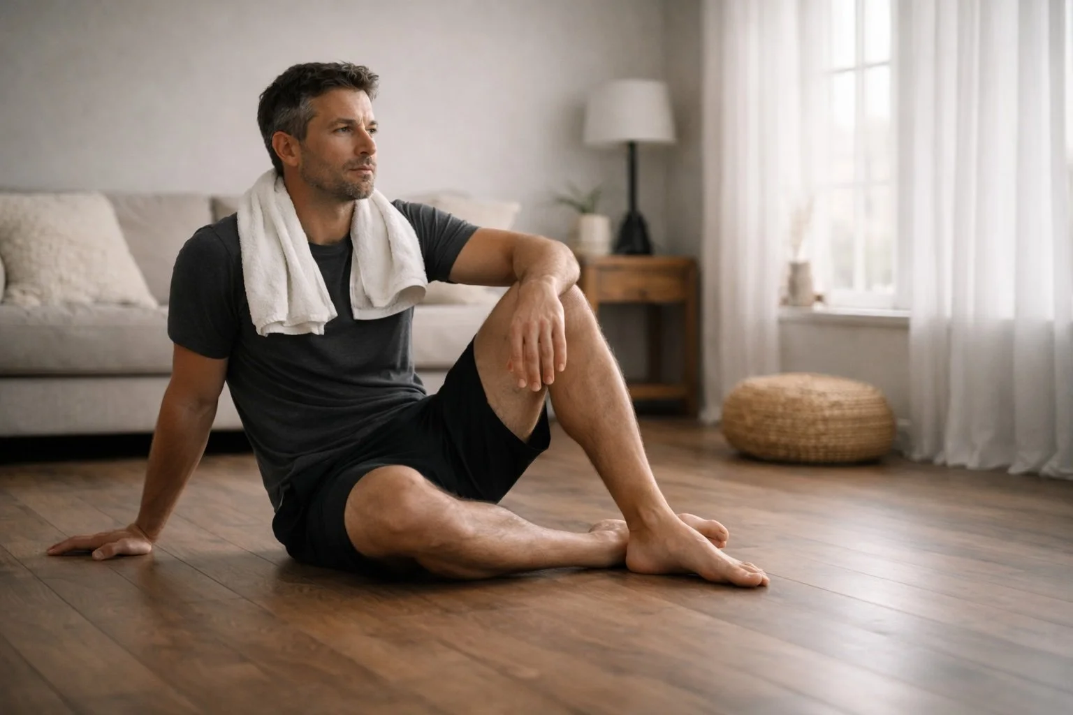 Zittend op vloer, handdoek om nek, rustige vibe.