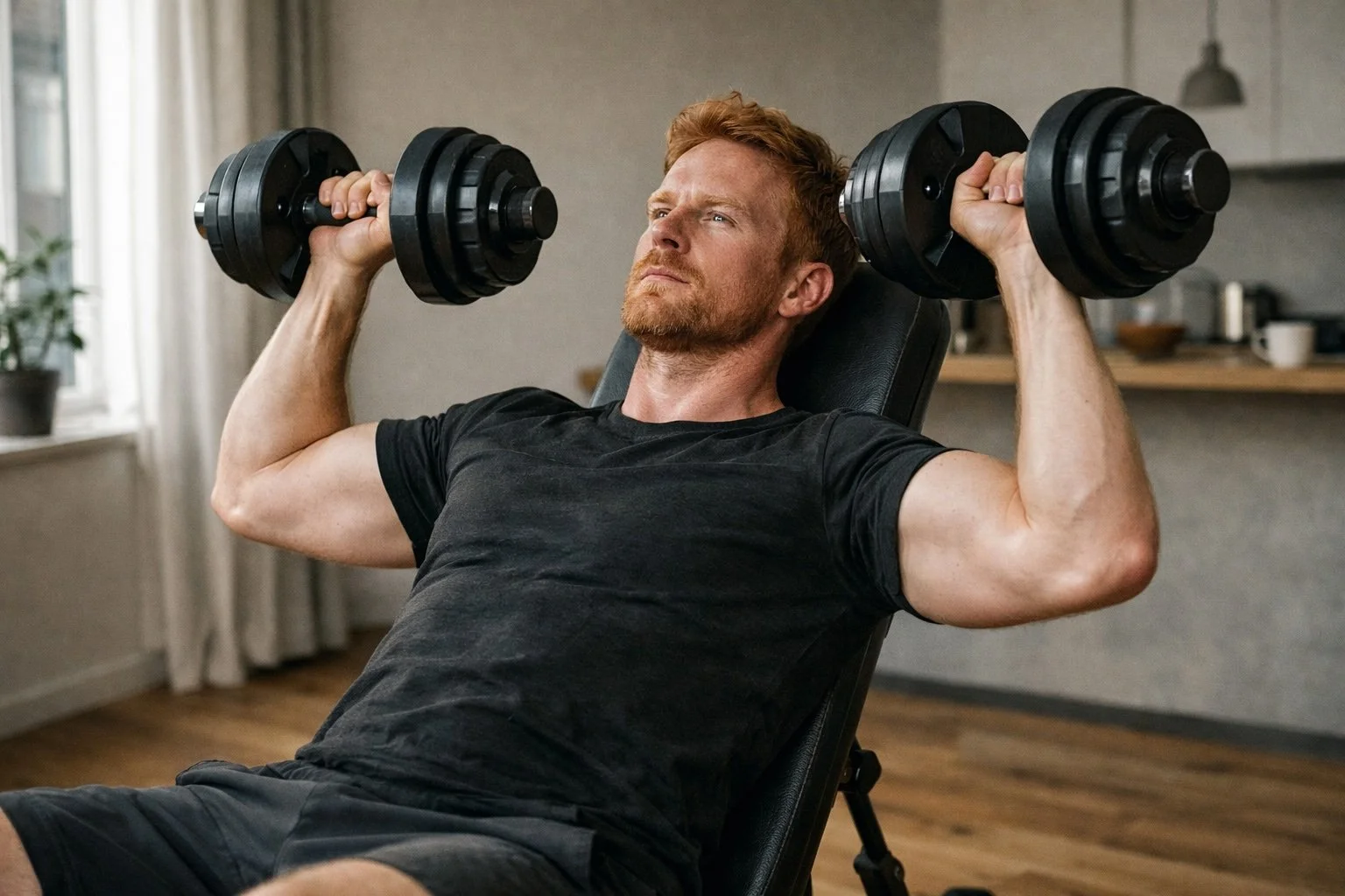 Man van rond de 38 jaar traint met verstelbare dumbbells op bankje in minimalistische woonkamer.
