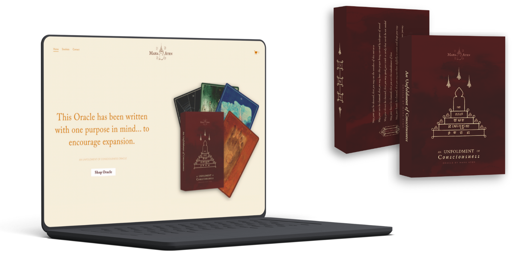 Digital display and physical boxes of Maha Aten's 'Unfoldment of Consciousness' oracle deck, featuring a pyramid outline with candles, on a dark background.