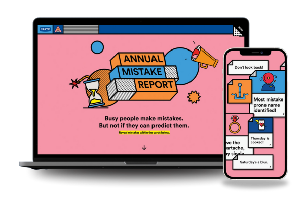 Digital devices displaying a colorful, cartoon-style presentation titled 'Annual Mistake Report' with a subtitle about predicting mistakes, along with smartphone screens showing message snippets and icons.