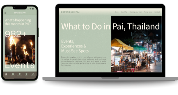 A smartphone screen displaying a events app with a photo of a fire and people gathered around, and a website on a laptop showing a travel guide for Pai, Thailand, with an outdoor market scene at night.