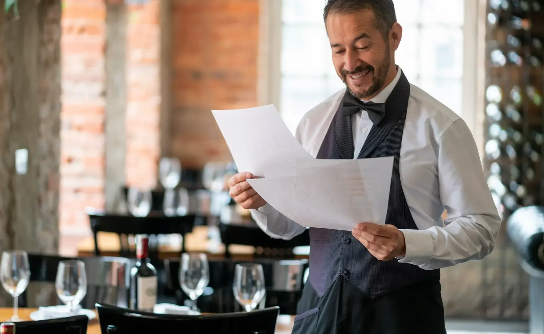 Ein lächelnder Kellner in formeller Kleidung mit Fliege liest eine Speisekarte in einem Restaurant.