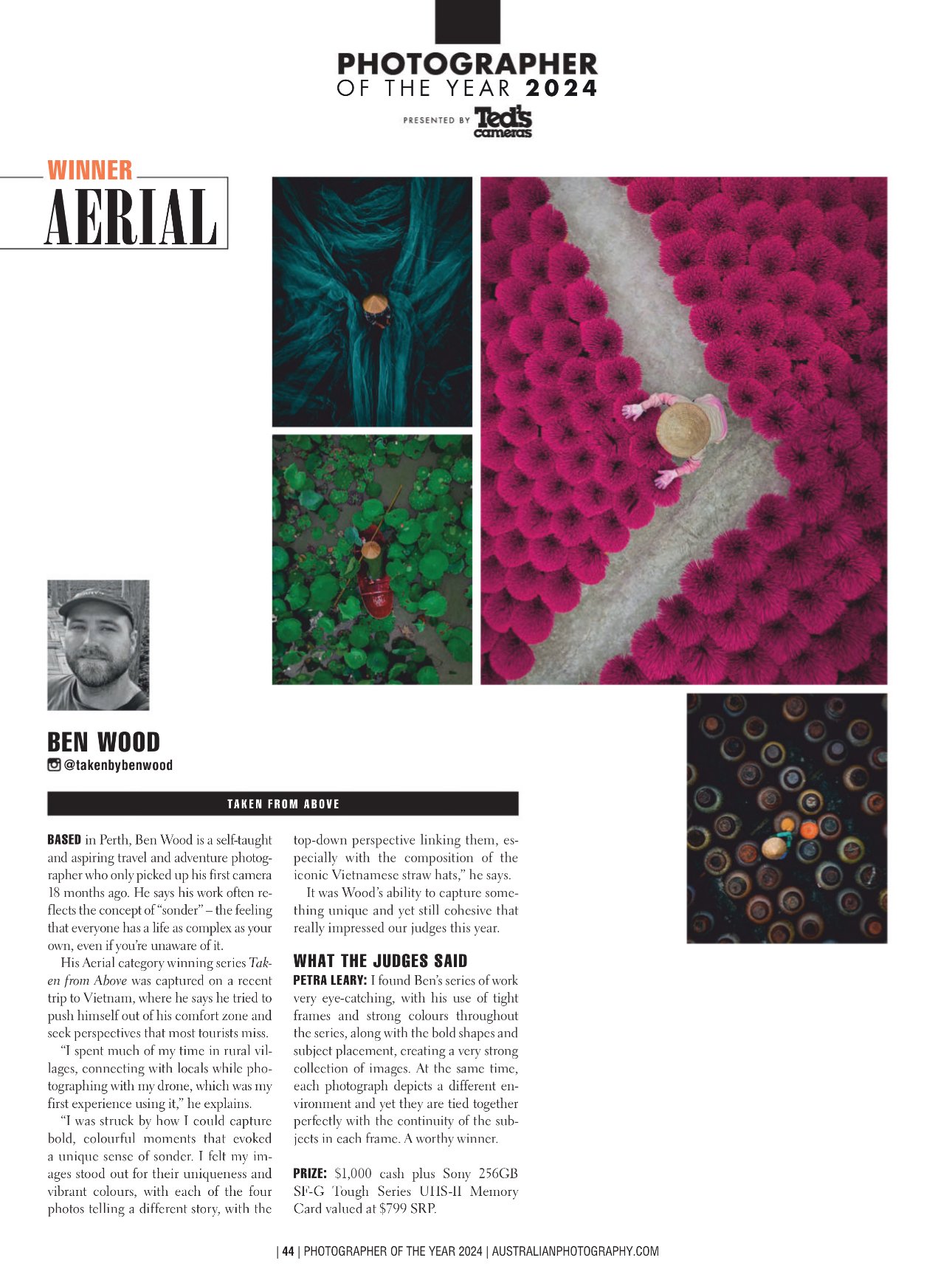 Poster announcing the 2024 Photographer of the Year with the winner being Ben Wood for aerial photography. Displays a collage of four aerial photos, including a woman walking among pink flowers, people in green and blue landscapes, and a close-up of colorful pebbles. Contains a black and white photo of Ben Wood, and text describing his work and achievements.