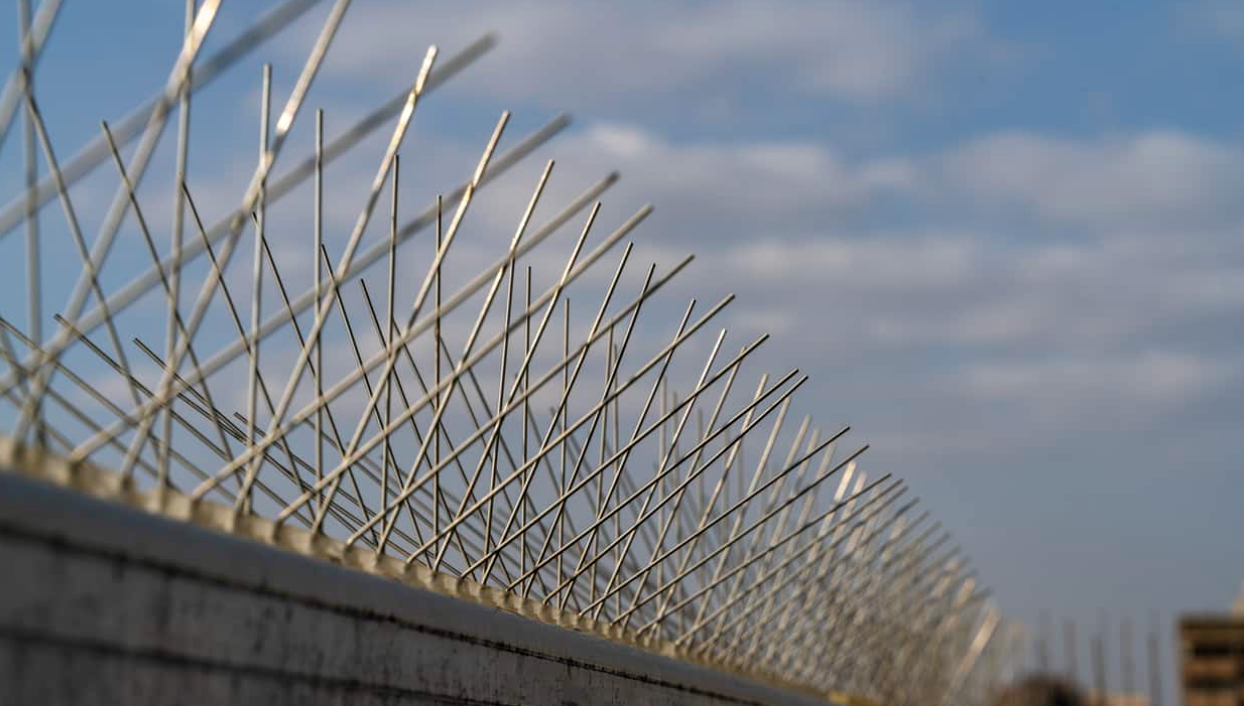 Detail van metalen spijlen op een hek of barrière tegen de hemel met wolken.