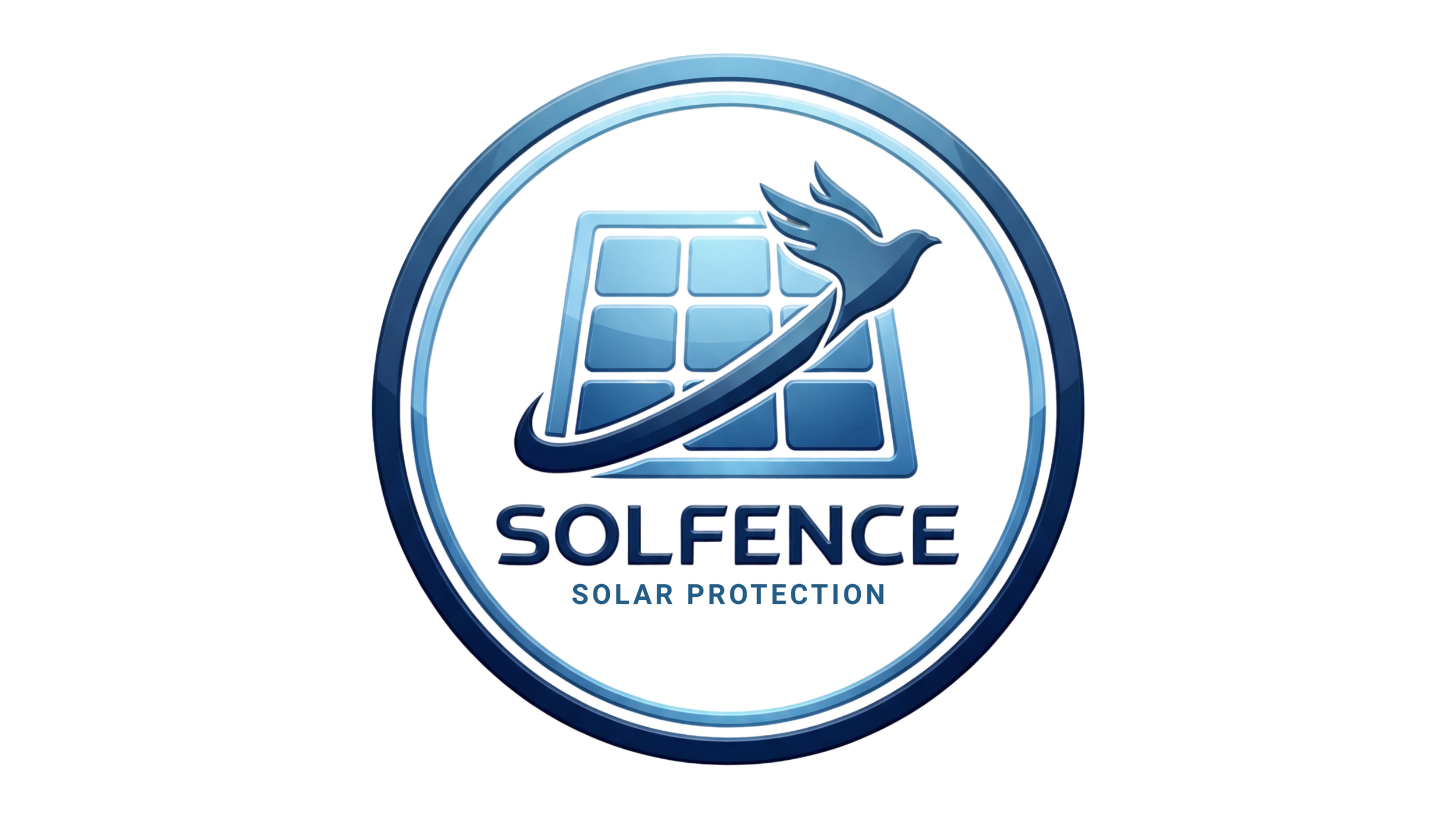 Logo van SOLFENCE met een zonnepaneel, een vogel en de tekst 'SOLFENCE SOLAR PROTECTION' in blauwe tinten.
