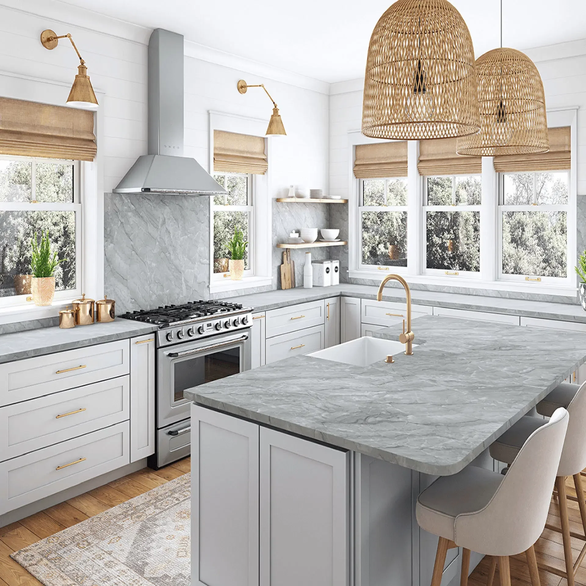Modern kitchen with white cabinetry, gray marble countertops, and a kitchen island with a sink and gold faucet. There are large windows with beige blinds, woven pendant lights, and open shelves with dishes and decorative items. Wooden accents include window trim, bar stools, and plant pots.