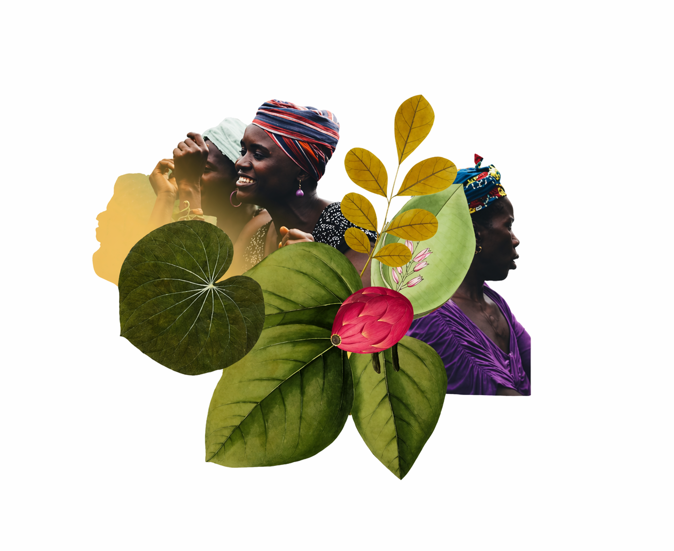 Tres mujeres africanas con ropa colorida y turbantes, rodeadas de hojas y flores.