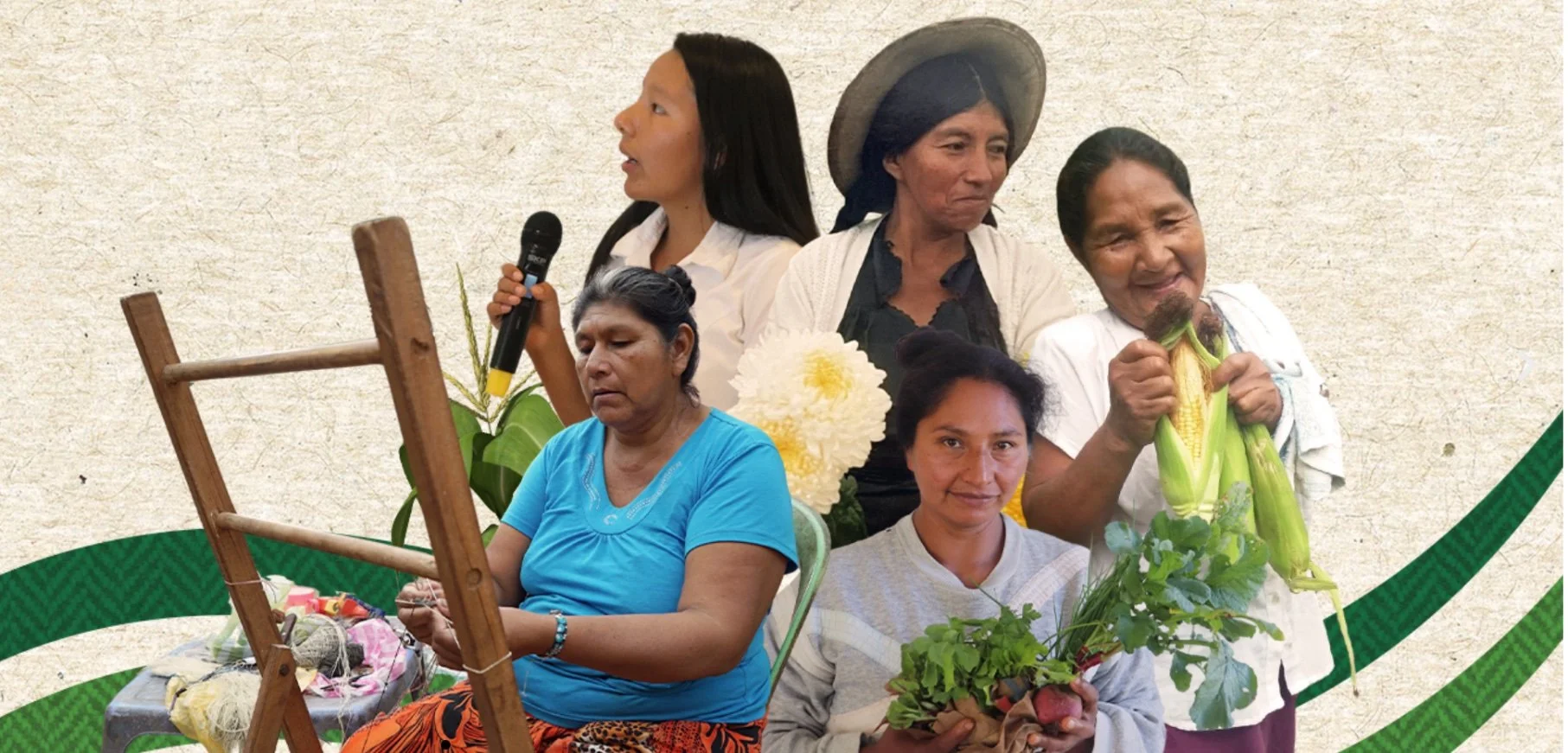 Collage de mujeres campesinas e indígenas de Tarija, Bolivia, con verduras, maíz y artesanías.