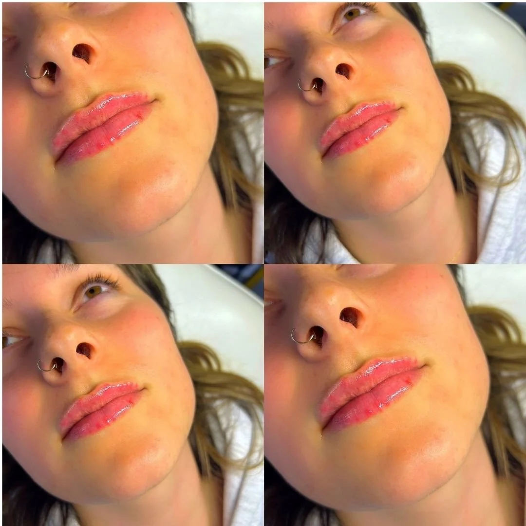 Close-up of a person's face in four different angles, showing lips with clear lip gloss, nose with a nose ring, and light brown hair, lying on a white surface.