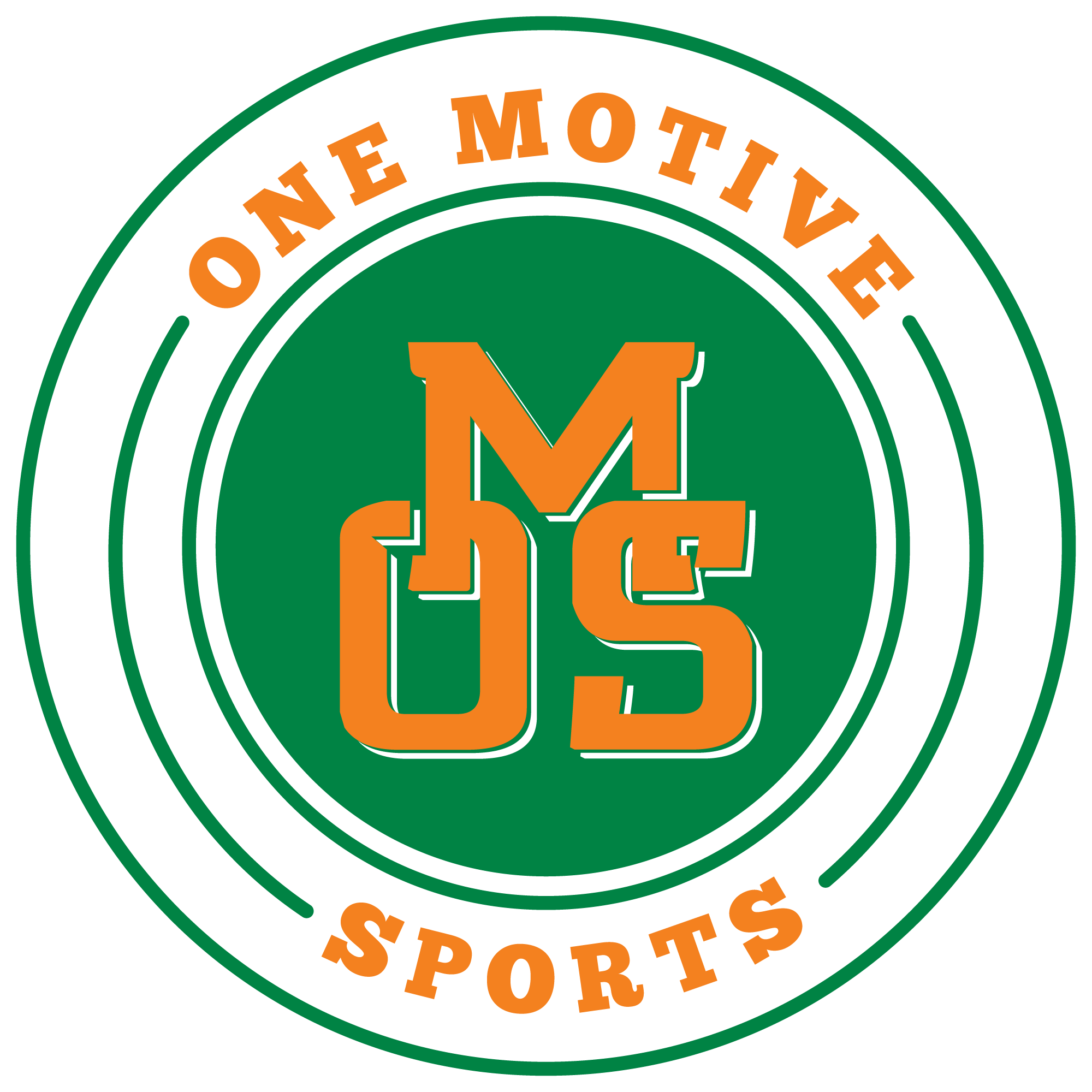 A circular logo with green, orange, and black colors, featuring the words 'One Motive Sports' and the initials 'M O S' in the center.
