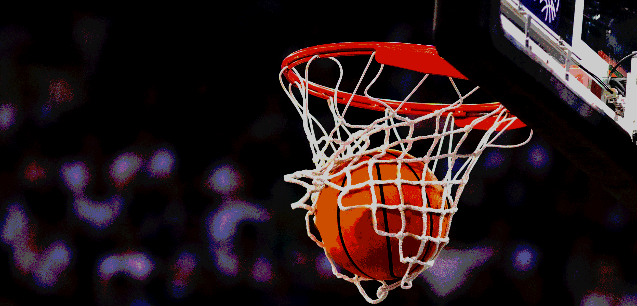 Basketball going through a hoop with a blurred crowd background during a game.