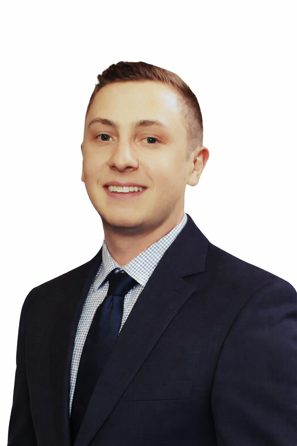 Headshot of a young man in a business suit with a white background.