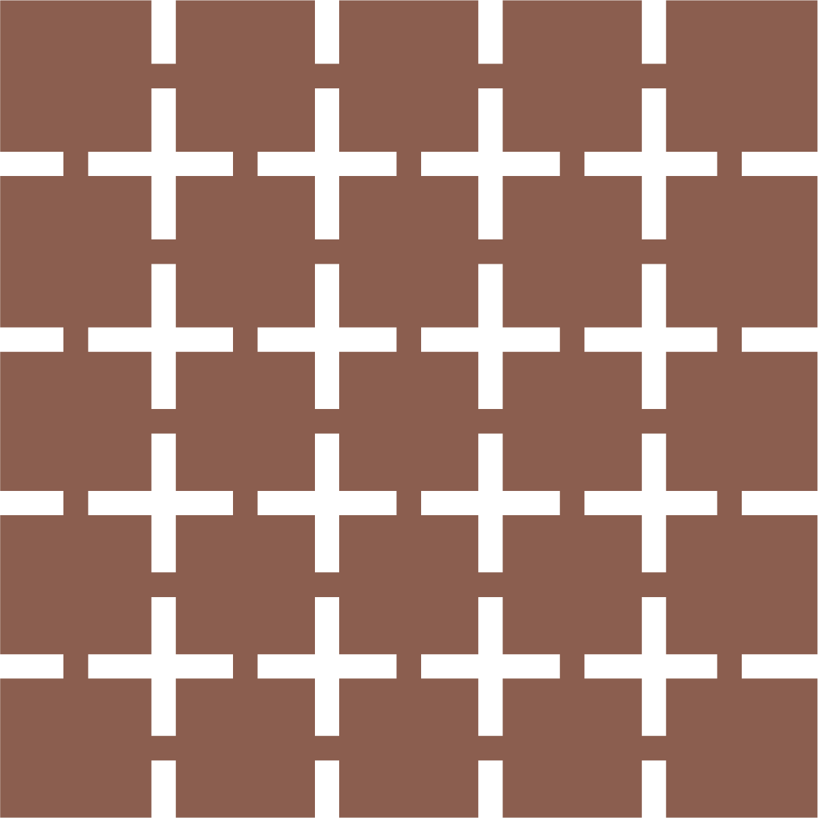 Motif géométrique avec des carrés bruns et des croix blanches formant un motif répétitif.