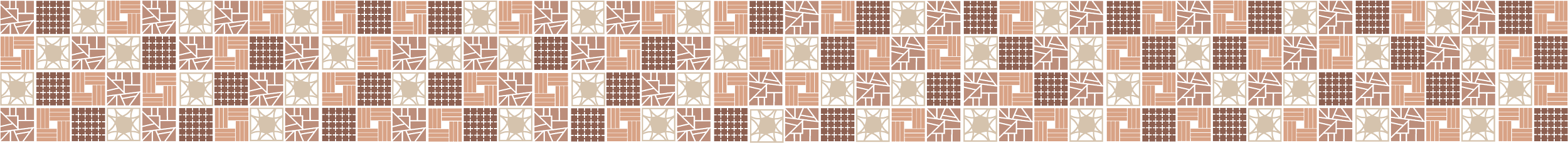 Motif géométrique complexe avec des carrés, des croix et des lignes dans des tons de beige, blanc et brun.