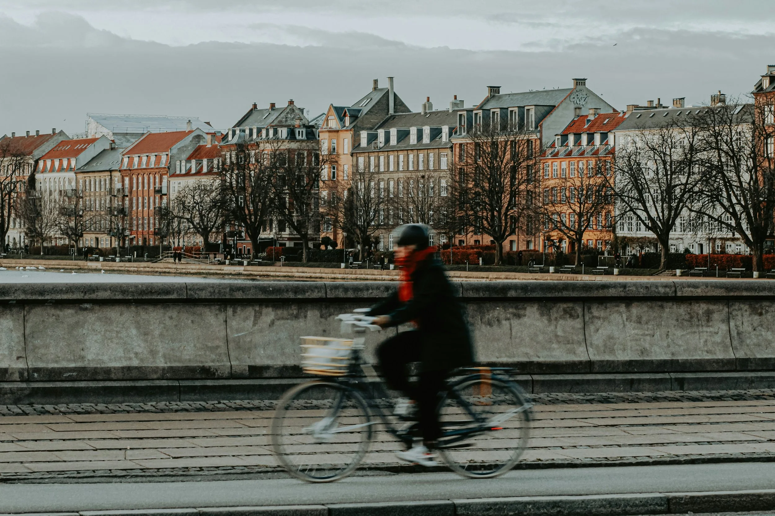 En person cykler langs en bypromenade med en række historiske bygninger og træer i baggrunden under en overskyet himmel