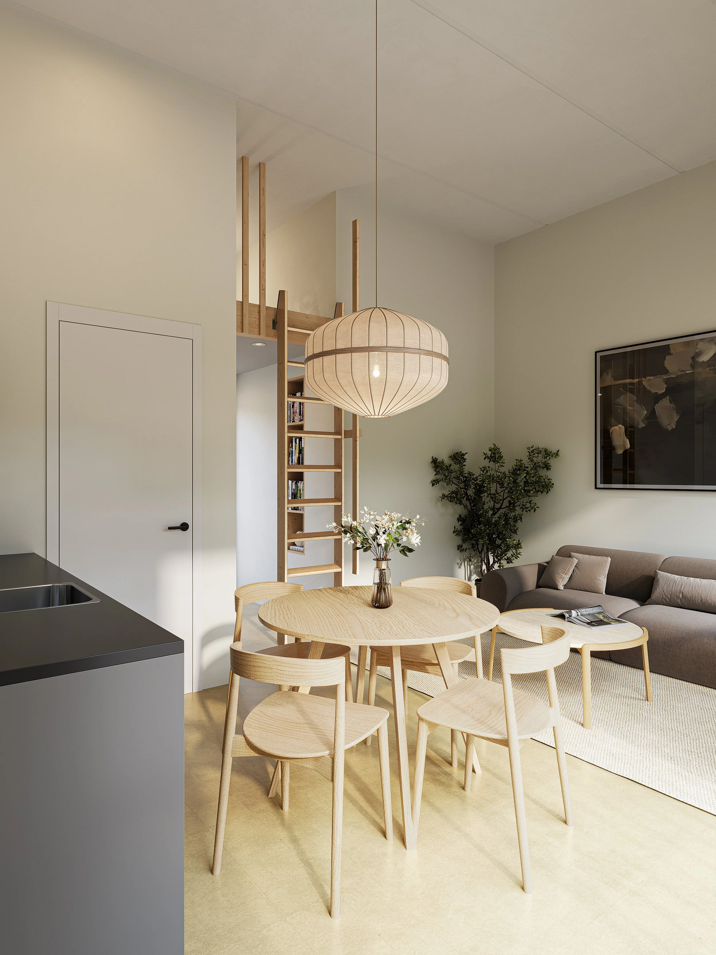 Lyst og moderne stue med spisebord, træstole, skab, sofa, vægkunst og grøn plante.