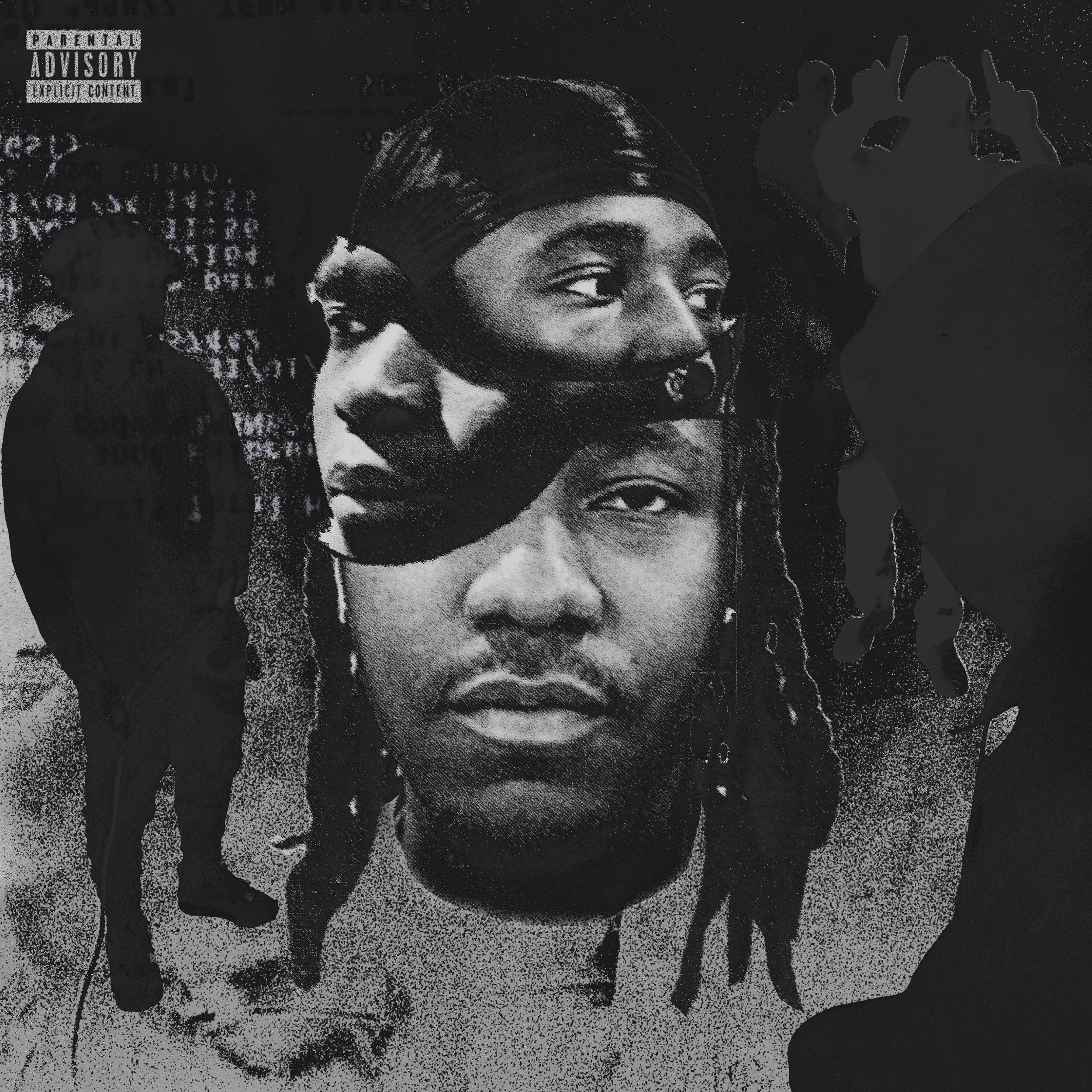 A digital collage featuring two Black men with large, detailed faces overlaying a background of silhouettes of people and text. The collage has a gritty, monochrome aesthetic.