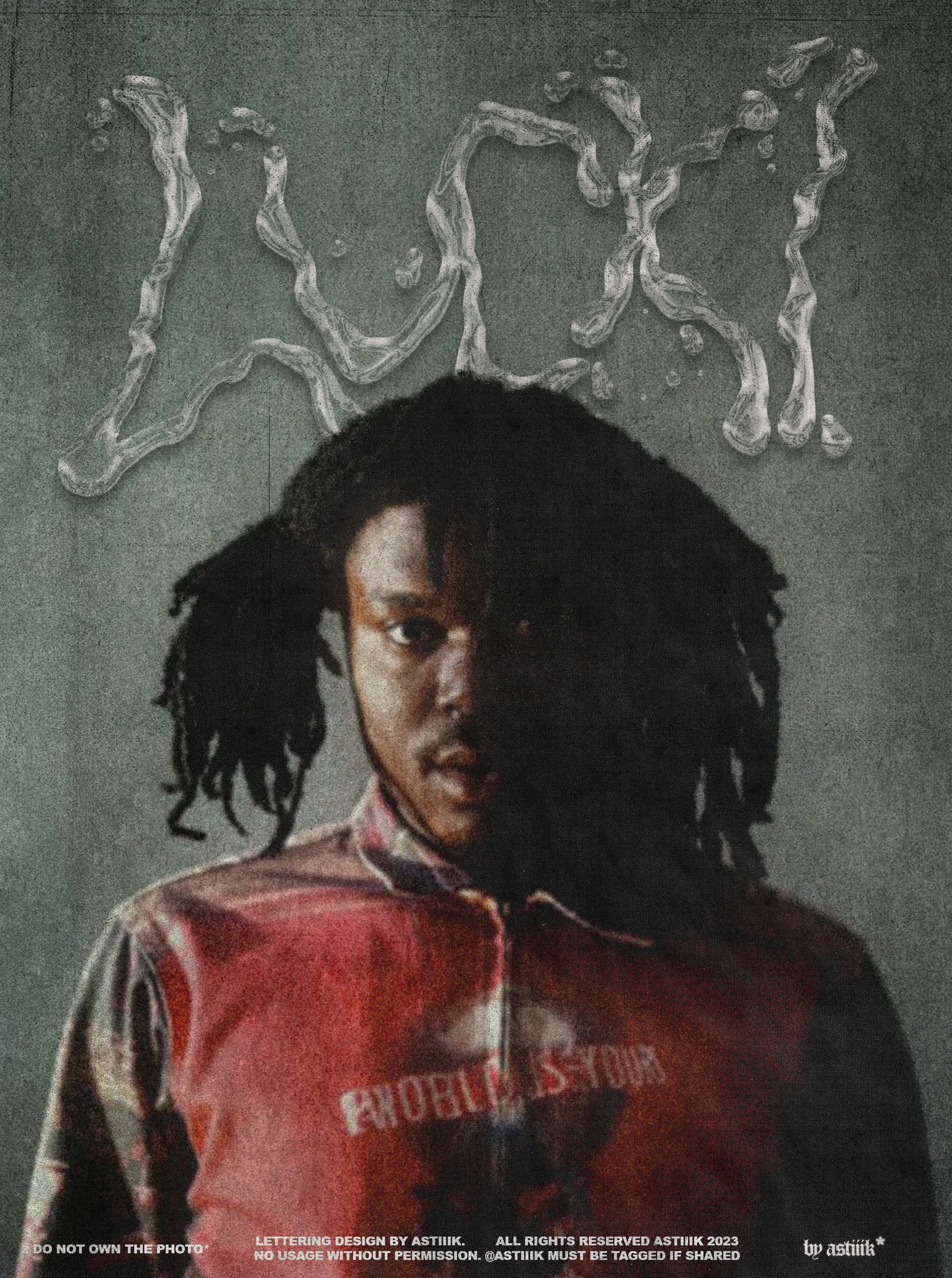 A poster of 'Lucki', standing in front of a gray wall with the word 'LUCKI' written in three-dimensional, textured letters.