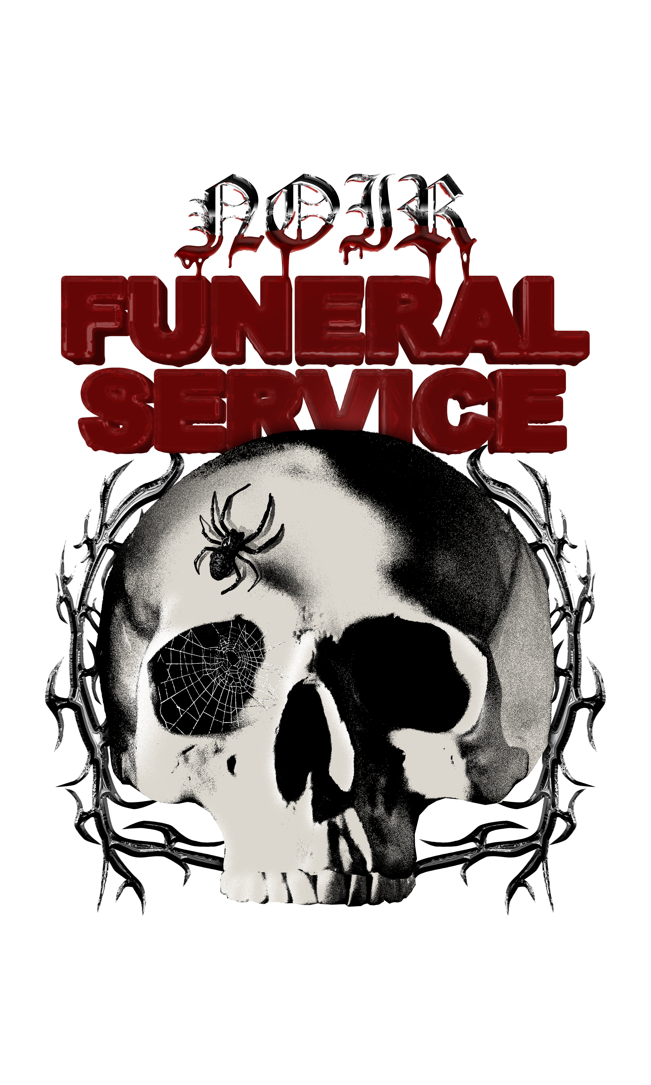 A skull with spider and web details, surrounded by thorns, with red dripping text reading 'Funeral Service' above it.