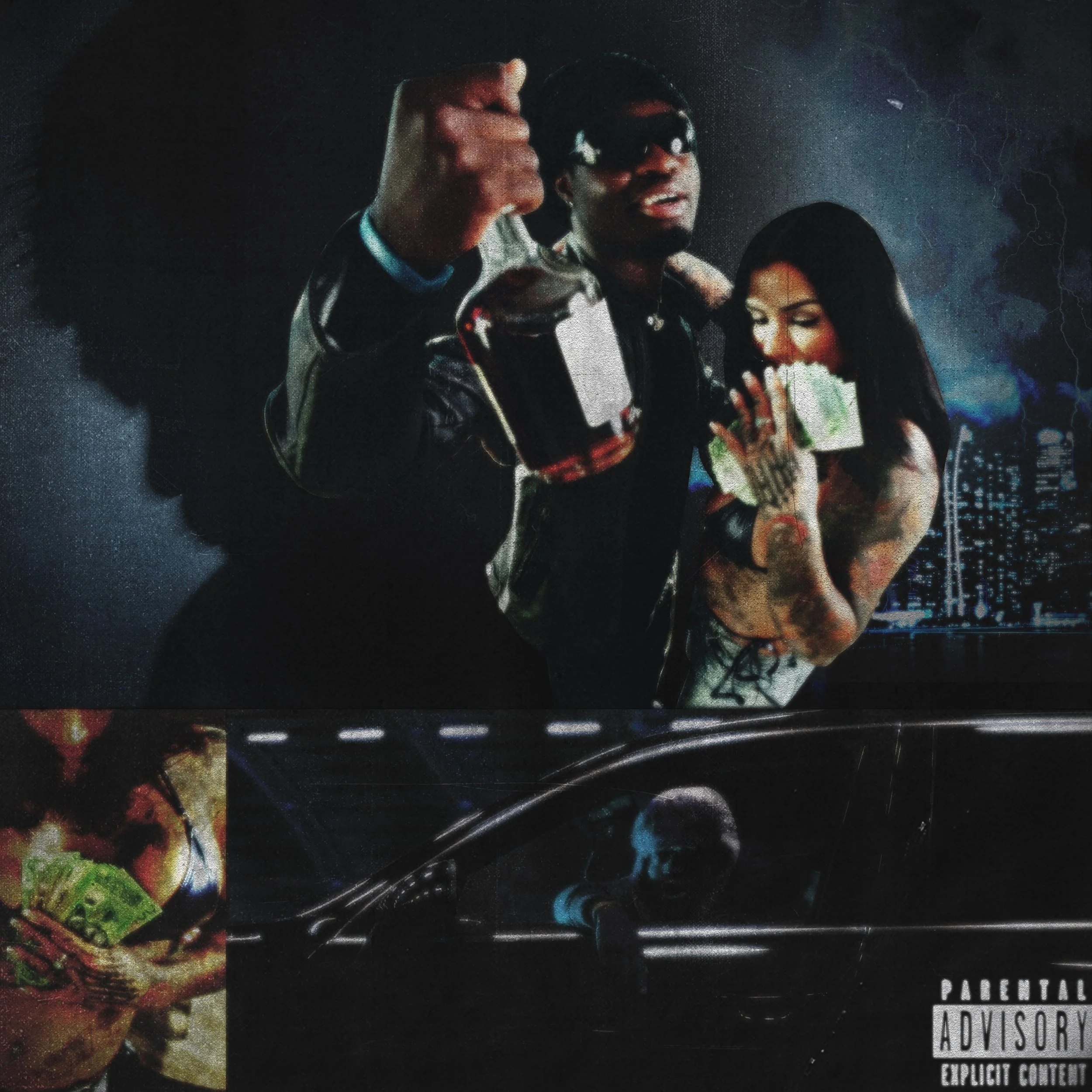 A poster featuring two men and a woman, with the man in the middle wearing sunglasses, while the woman covers her mouth with cash and has tattoos on her arms. There is a city skyline in the background, lightning, and a black luxury car. Smaller inset