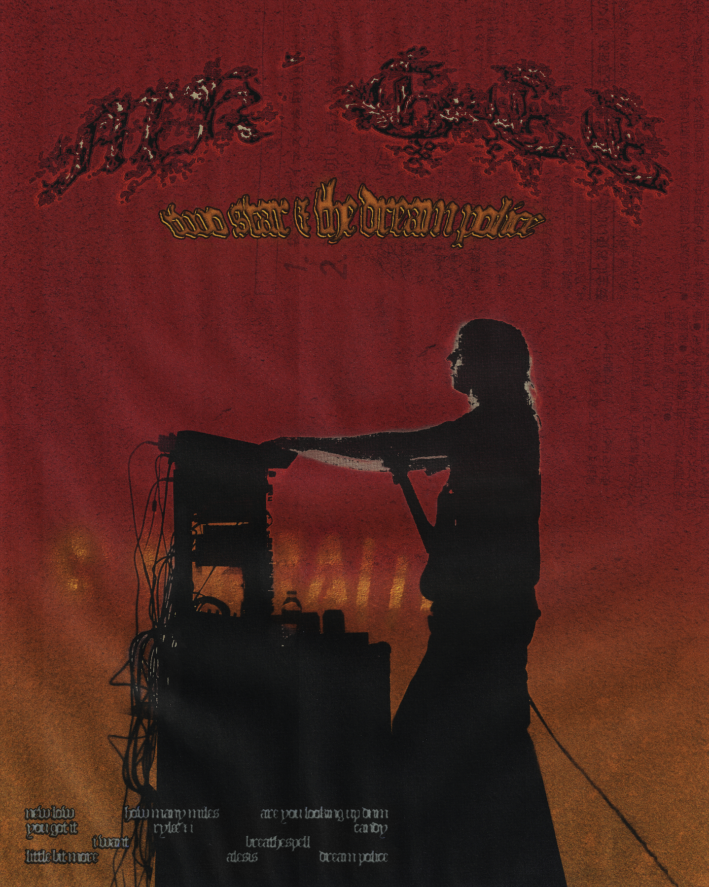 Silhouette of a person operating electronic music equipment on stage with a red background and faint text overlay.