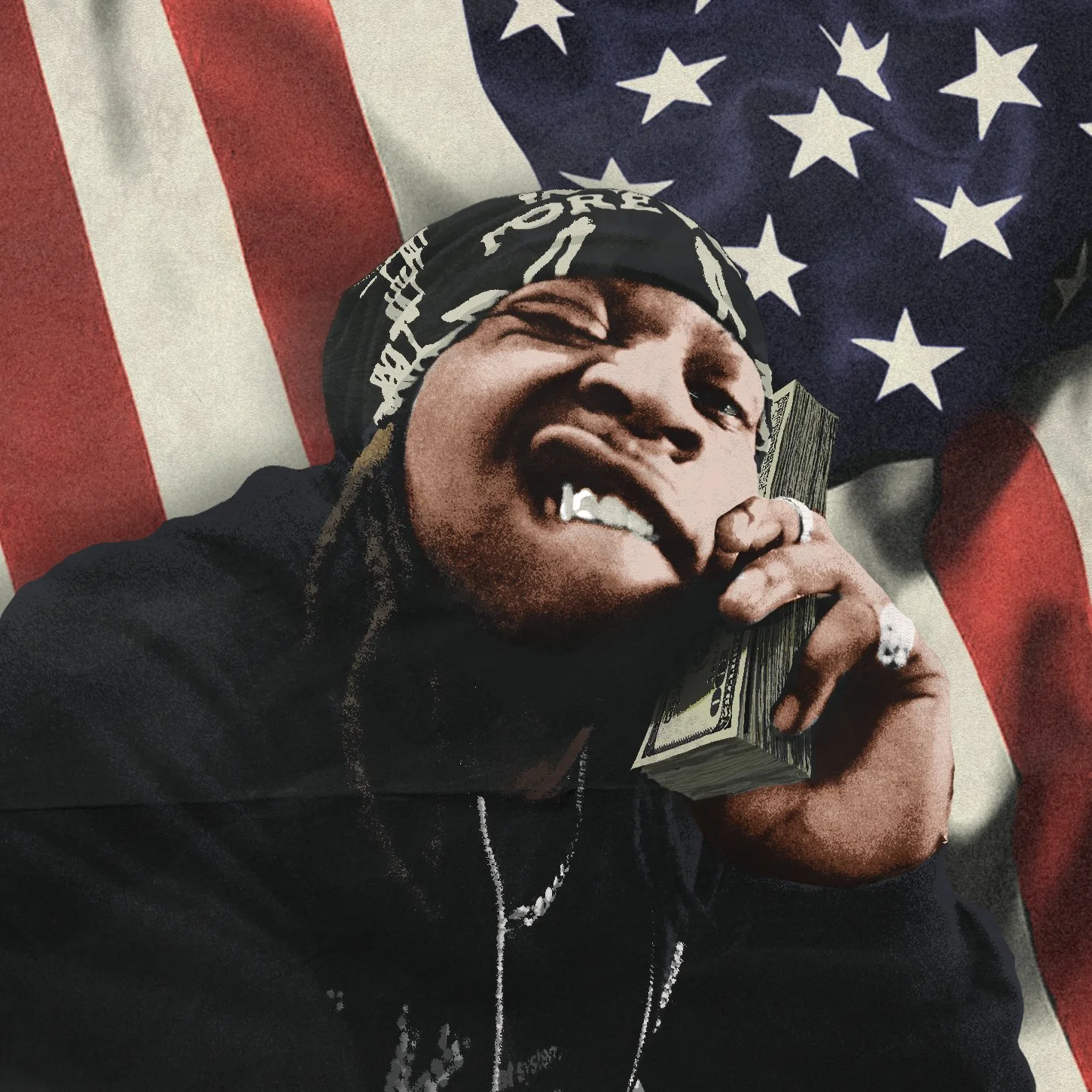 Person with a bandana on their head holding a stack of money to their ear, with an American flag in the background.