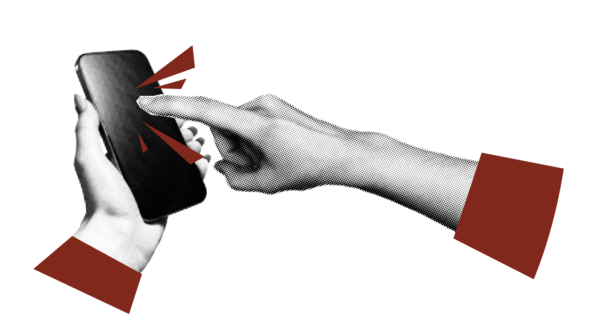 Illustratie van een hand die een smartphone vasthoudt en een andere hand die op het scherm tikt, met accentuering op aanraking via pijl- en lijnmarkeringen.