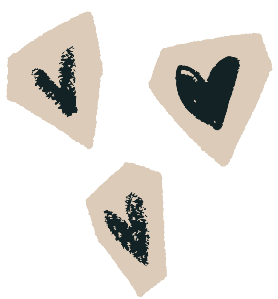 Drei beige stukjes papier met zwart gevouwen hart- en vinkafbeeldingen, geplaatst op een zwarte achtergrond.