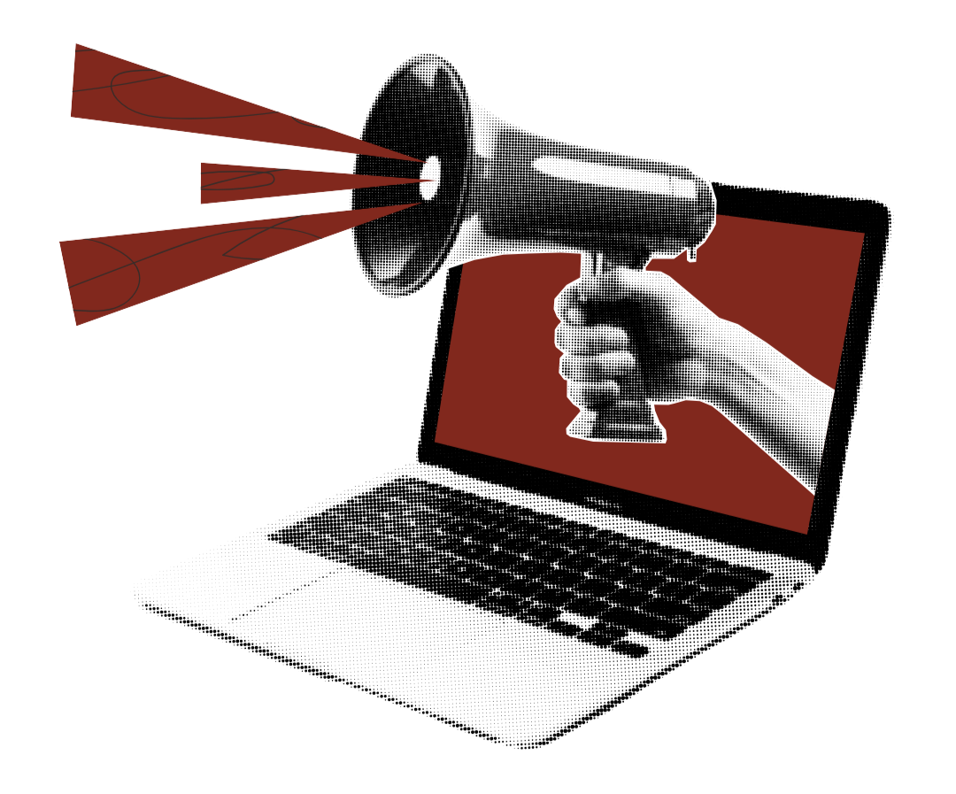 Een laptop met een hand die uit het scherm komt, die een megaphone vasthoudt en geluidsgolven uitstraalt.